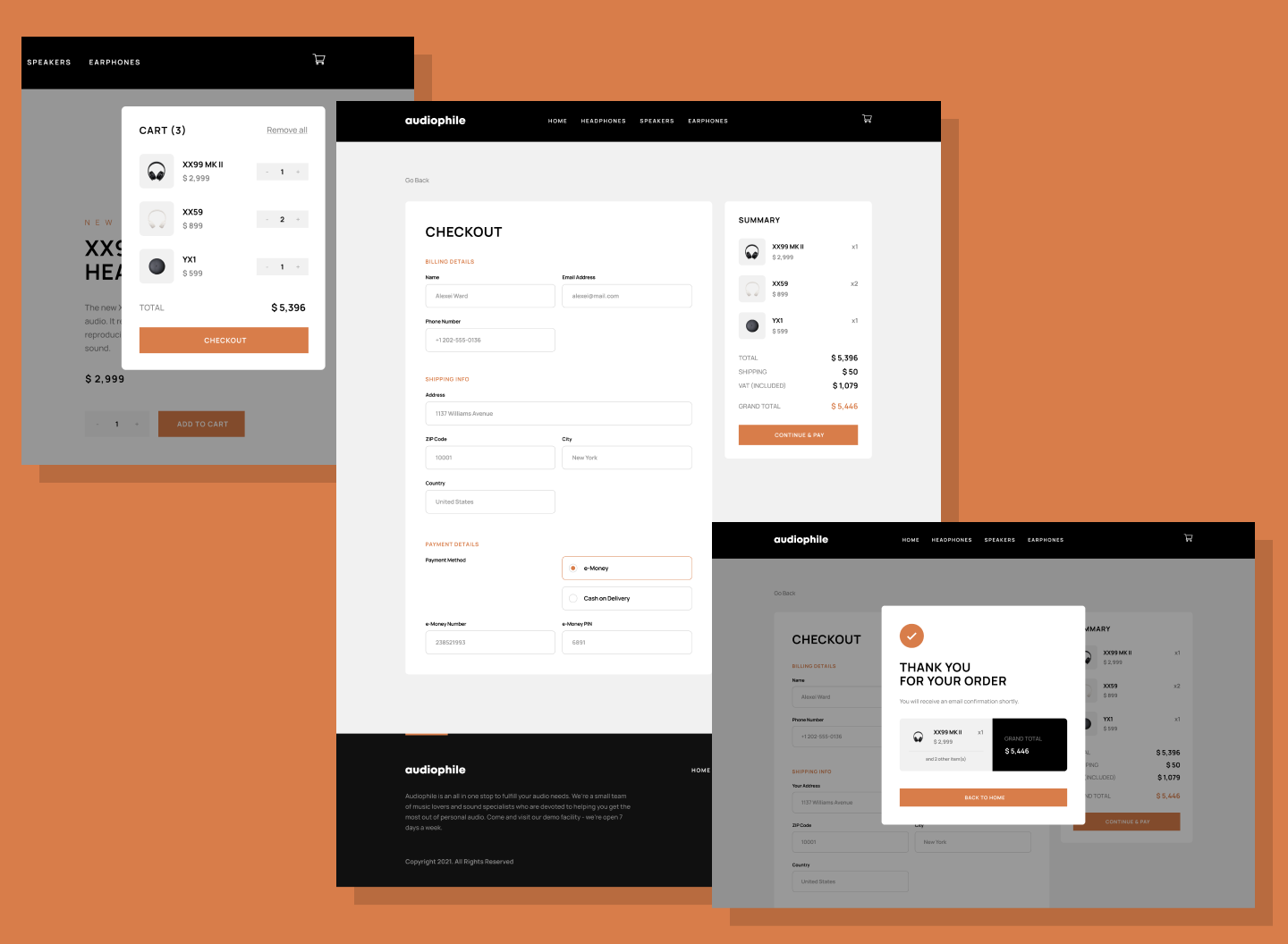 Three screens displaying the cart, checkout form, and order confirmation