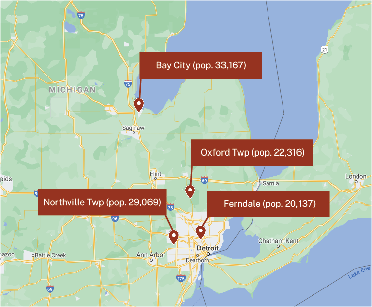 Map of Michigan showing the location and populations of the four Michigan cities and townships for the project