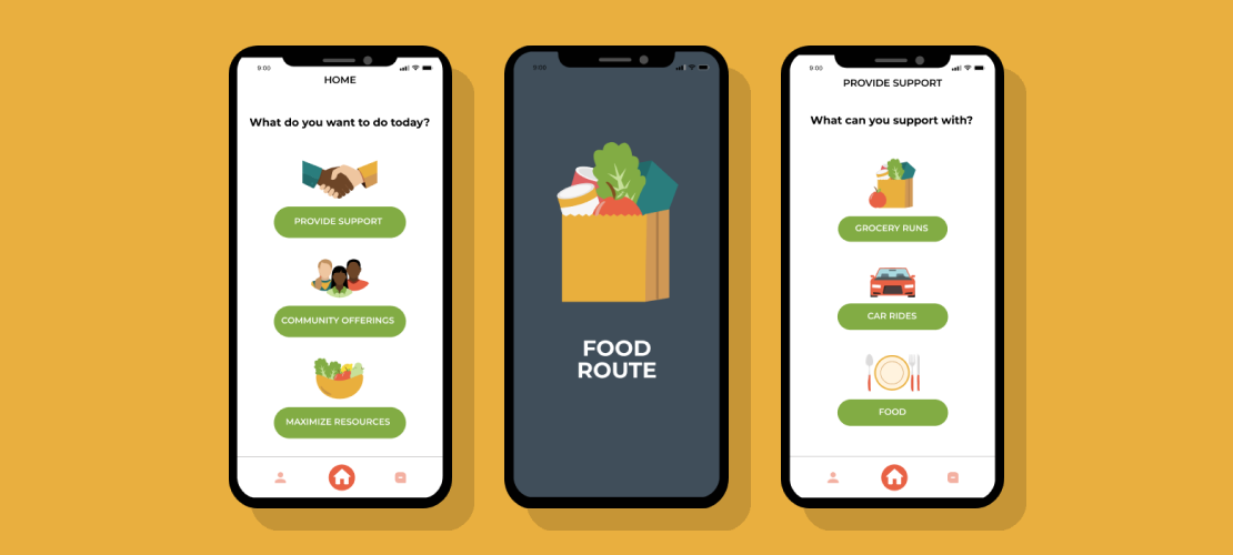 Three food route application screens